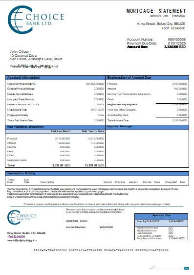 Download Belize Choice Bank mortgage statement scr Photoshop template